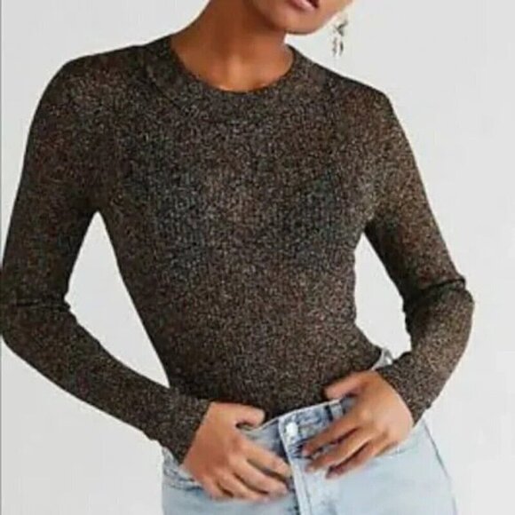 NEW FREE PEOPLE INTIMATELY BLACK RAINBOW LUREX LONG SLEEVE BODYSUIT SZ MEDIUM - Picture 1 of 12